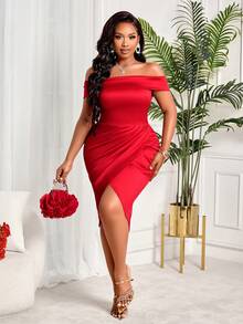 BIUBIU Plus Size Women's Spring/Summer Off-Shoulder Ruffled Bodycon Dress - High-Stretch Red Satin Midi Dress, Versatile, Slimming & Elegant, Ideal For Daily Wear, Parties, Gatherings, Banquets, Valentine's Day And Other Occasions - Red - View 3