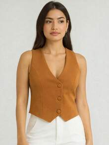 Women's Short Lined Tailored Vest With Buttons, Formal, V-Neck - Camel - View 3