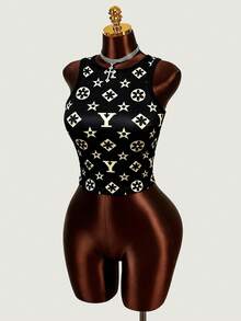 Women Spring Summer Casual Daily Monogram Print Cropped Tank Top,Slim Fit & Navel-Baring Sleeveless Top,Perfect For Daily,Commuting, Party,Vacation, New Year,Valentine's Day Outfits - Black - View 3