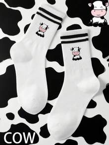 1/5/10 双可爱的中筒袜，带有可爱的奶牛图案，简单的黑白条纹奶牛白色袜子是农场家庭的必备品，柔软而俏皮，女士袜子，女士袜子，白色袜子，白色双条纹袜子 - 彩色 - 查看 1