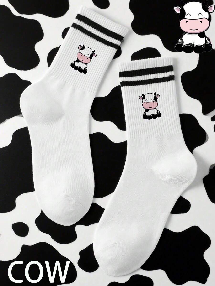 1/5/10 双可爱的中筒袜，带有可爱的奶牛图案，简单的黑白条纹奶牛白色袜子是农场家庭的必备品，柔软而俏皮，女士袜子，女士袜子，白色袜子，白色双条纹袜子 - 彩色 - 查看 1