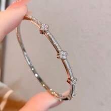 1pc 18K Gold Plated Copper Four-Leaf Clover Encrusted With Cubic Zirconia Bracelet, Suitable For Daily Wear And Holiday Gifts - Multicolor - View 8