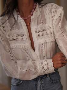 白色宽松女式衬衫，休闲办公装，秋季穿搭，返校季，演唱会上衣 - 白色 - 查看 3