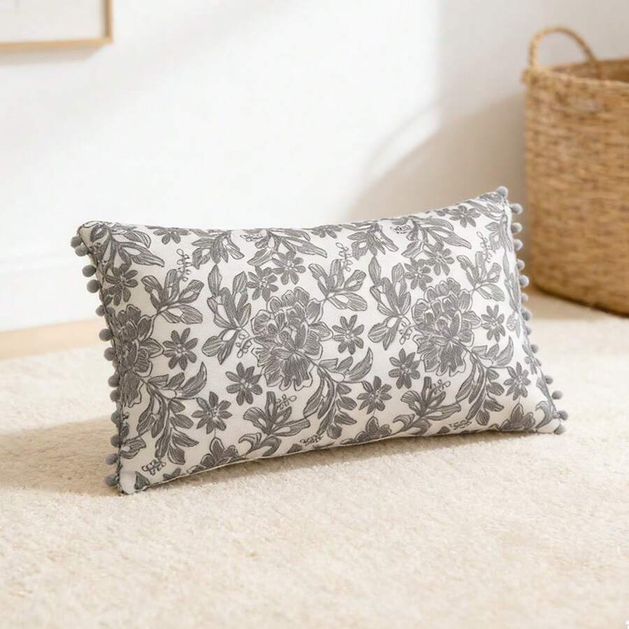 1 buah Sarung Bantal Lempar/Bantal Pinggang Bulu Imitasi Bordir Renda Abu-abu, Cocok untuk Kamar Tidur, Ruang Tamu, Sofa - Grey - View 1