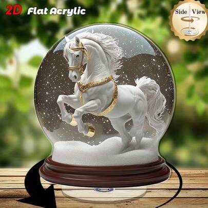 1 pieza Decoración de bola de nieve giratoria 2D con elegante caballo blanco y cúpula esférica, apta para uso en el hogar/oficina - interior/exterior, base negra resistente con arnés dorado - centro de mesa de decoración de invierno, diseño 2D con base giratoria, estética minimalista y moderna apta para varias habitaciones, cautivador movimiento giratorio, perfecta para exhibición en el hogar u oficina, estética moderna, decoración giratoria