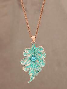 1pc Fashion Distressed Vintage Green Leaf Pendant Necklace, Women's High-End Style Synthetic Rhinestone Leaf Pendant Necklace - Red Copper - View 9