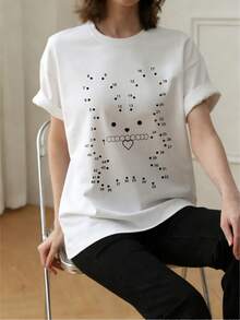 女士夏季新款休闲字母印花圆领纯棉短袖T恤 - 白色 - 查看 7