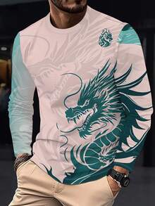 Men's Long Sleeve T-Shirt With Majestic Azure Dragon And Auspicious Clouds Design Print Casual Top - [多色的] - 查看 2