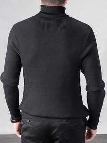 Men's Solid Color Casual Ribbed Turtleneck Long Sleeve Sweater, Fall Winter - Black - View 3