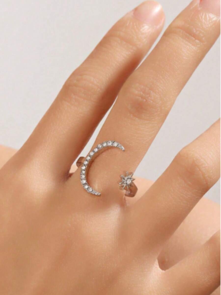 1pc Fashionable Unique Design Elegant Rhinestone Star & Moon Pattern Adjustable Open Ring For Women, Suitable For Eid Al-Fitr - Star and Moon Pattern Ring - View 1