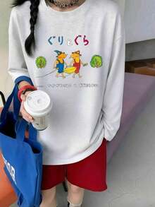 Cartoon Print Gray Round Neck Long Sleeve T-Shirt For Women, Casual Loose Versatile Top, Spring/Autumn - Light Gray - View 3