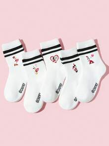 Disney 1/5双装迪士尼女孩/儿童设计运动双横条纹中筒袜，个性化卡通爱心米妮米奇/黛丝唐老鸭图案装饰，多功能透气吸湿中筒袜，简约休闲精致柔软亲肤学院风蕾丝袜，适合日常穿着、校园活动、派对、休闲活动，多种组合可选 - 彩色 - 查看 10