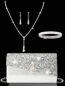 Women's Diamond Jewelry Sparkling Luxury Rhinestone Jewelry Set Sparkling Necklace Earrings Bracelet Set Glitter Wrinkle Handheld Banquet Bag V-Shaped Flip Cover Envelope Bag Handheld Bag Banquet Bag Wallet Handbag Elegant Handheld Banquet Bag Handbag Women's Ball Handbag Women's Bridal Banquet Bag Ball Handbag Metal Chain Handbag Wedding Party Handbag Cocktail Party Wedding New Wallet Banquet Bag - Silver - View 7