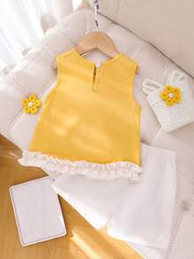 2pcs/Set Young Girl' Sweet Floral Frill Trim Tank Top And Shorts Set, Summer - Yellow - View 2