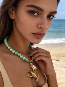 女士手工串珠项链 | 锌合金龙虾吊坠配珍珠 | 复古个性化首饰，适合海滩、节日、情人节佩戴 - 小龍蝦 - 查看 24