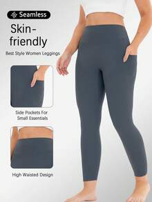High Waisted Side Pocket Sports Pants For Women, Yoga Leggings, Seamless Fitness Yoga Pants For Spring And Summer Collection - 灰色 - 查看 6