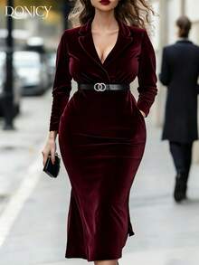 DONICY 女士春夏新款酒红色丝绒翻领系带开衩中长连衣裙，优雅时尚，适合秋冬季节穿着，也适合情人节、商务场合、派对、嘉年华等场合。 - 酒紅色 - 查看 1
