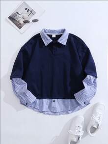Casual College Style Men's Striped Patchwork Button-Down Collar Long Sleeve Polo Shirt, Suitable For Spring & Autumn - Navy Blue - View 2