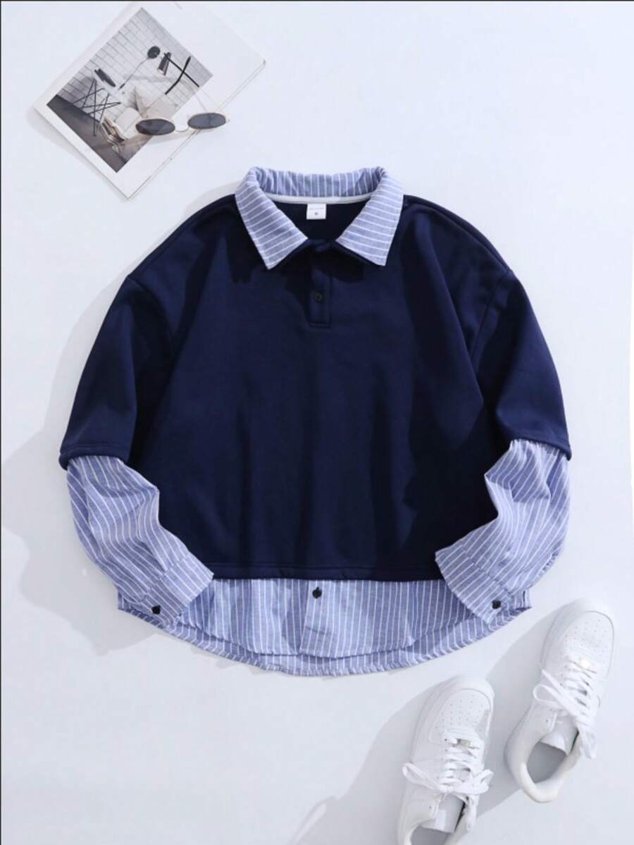 Casual College Style Men's Striped Patchwork Button-Down Collar Long Sleeve Polo Shirt, Suitable For Spring & Autumn