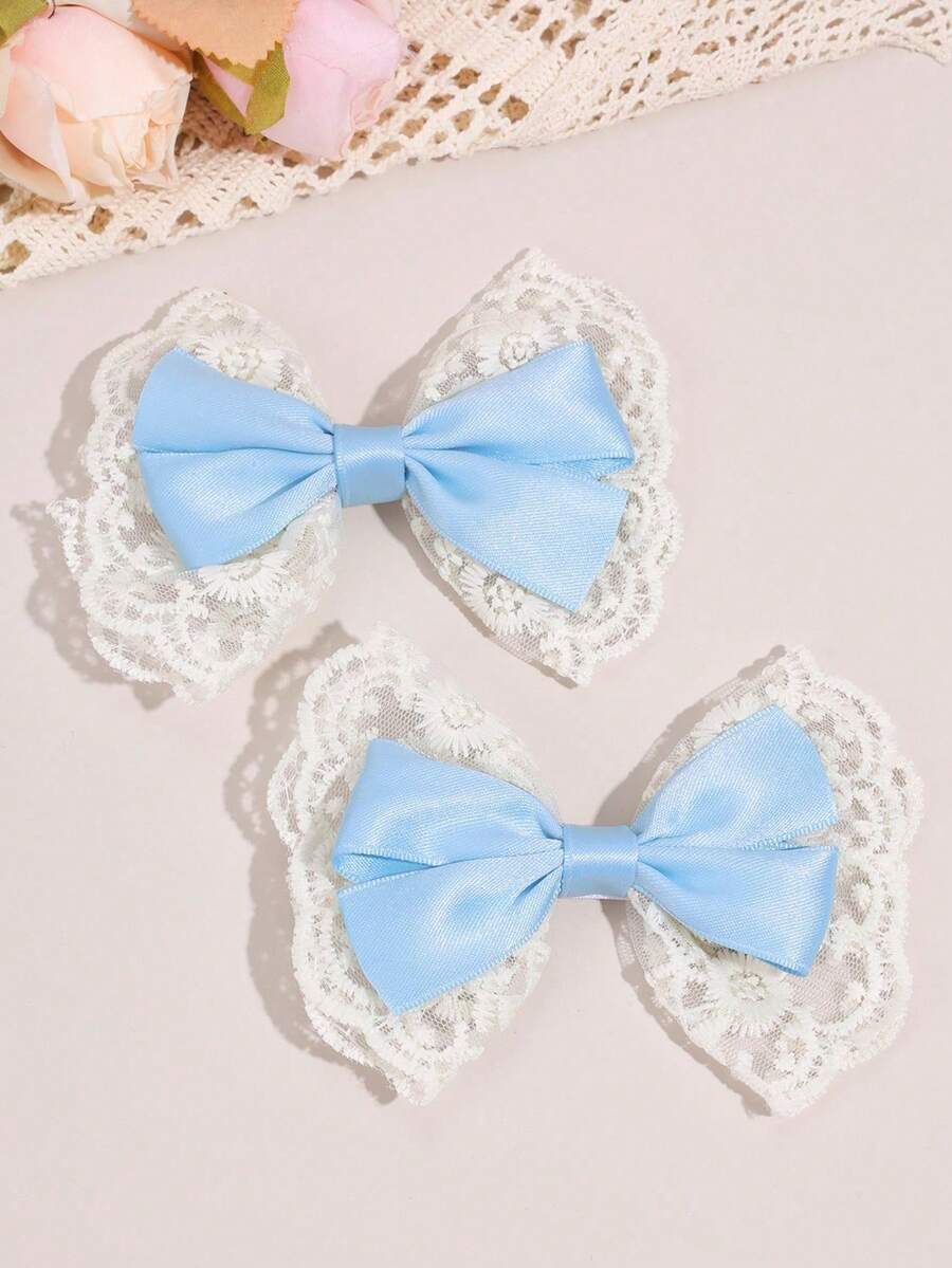 2pcs Blue Lace Hair Bows For Girls Elegant Lace Bow Hair Clips Pink Ribbon Bow Alligator Clips Girls Holiday Wedding Party Headpiece Kids Baby Hair Accessories - Light Blue - View 1