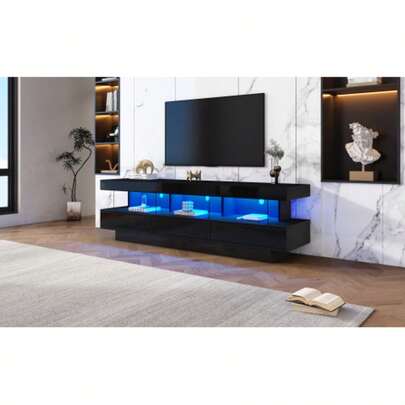 70-Inch TV Stand, Glossy Black, 160 X 38 X 50.5 Cm, With 3 Glass Shelves, LED Lighting, App Control, And Bluetooth Connectivity. 70-Inch TV Stand, Glossy Black, Smart TV Stand.