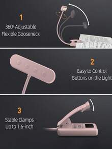 1pc Pink LED Clip-On Book Light, 3 Color Temperatures, Dimmable, Portable Mini Bedside Reading Lamp - Batteries Not Included, Clip-On LED Light, Suitable For Nighttime Reading, Adjustable Brightness, 360° Flexible Book Light, Fits Bed, Tablet - Book Clip Lamp - View 6
