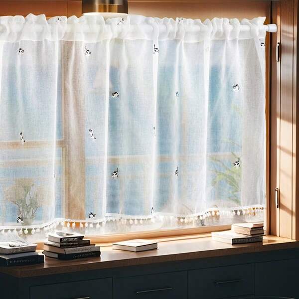 1pc Wheat Ear Embroidered Cafe Curtain, Fresh Pastoral Style Wheat Ear With Ruffle Edge Cafe Curtain, Suitable For Kitchen Cabinet, Bay Window, Doorway, Room Divider, Home Decor