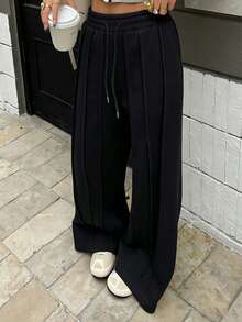 2026 Spring/Summer Women's Black Wide Leg Casual Sweatpants, Drawstring Waist, Side Pockets, Loose Fit - Black - View 9