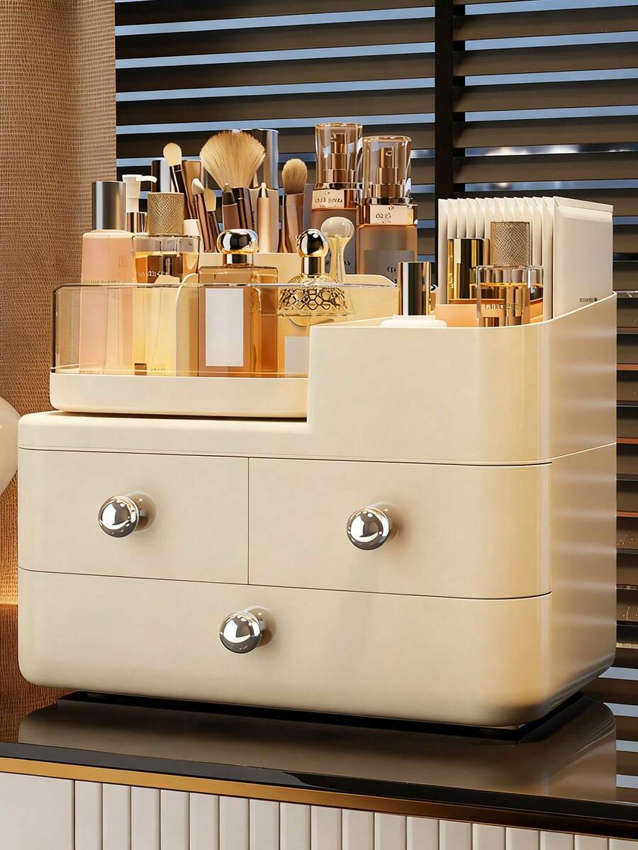 1 pieza Organizador de maquillaje giratorio, Organizador de tocador de alta gama para el dormitorio, Estantería de almacenamiento de cosméticos multifuncional para el hogar, Organizador de maquillaje de 3 niveles, Decoración para el cuarto de maquillaje - Multicolor - Ver 1