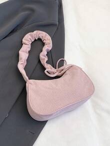 1pc Solid Color Corduroy Material Zipper Closure Fashionable Shoulder Handbag - Watermelon Pink - View 6