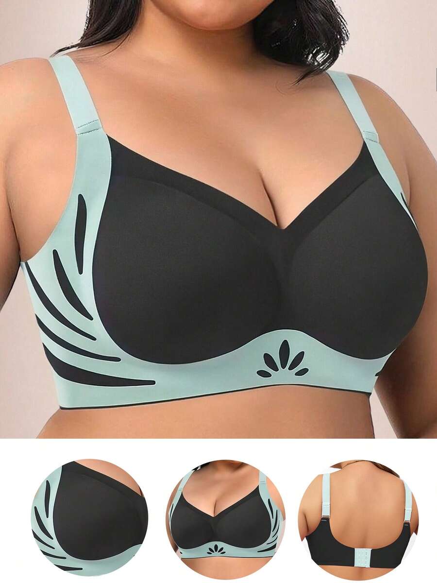 1pc Seamless Contrast Color Lift Wireless Plus Size Bra With Lift And Side Support, European Style - Black - View 1