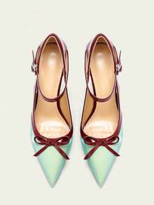 Elegant Bowknot Pointed Toe High Heel Sandals, Sexy Fairy Style Strap Buckle Satin Shoes For Women - Green - View 3