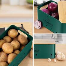 Kitchen Vegetable Storage Set Of 3, Metal Onion Garlic Potato Storage Set, Kitchen Canisters Vegetable Keeper Containers With Aerating Holes And Wooden Lid (Alpine Green) - 高山綠 - 查看 7