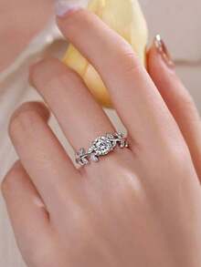 Anillo de cobre con circonita cúbica con diseño de hoja elegante en caja de regalo, joyería versátil para mujeres en bodas y fiestas, no se desvanece ni produce alergias, adecuado como regalo para la pareja o la madre - Plateado - Ver 2
