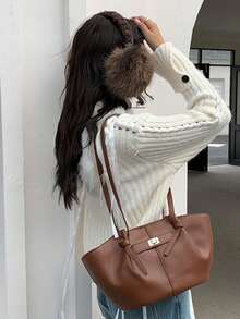 时尚大容量梯形设计奢华PU皮革女士单肩包，设计师款别致锁扣手提包，高品质腋下包 - 黑色 - 查看 10