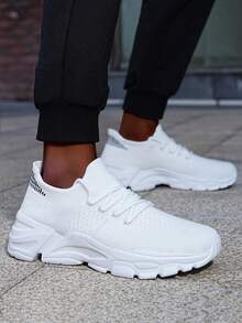 White Platform Sneakers For Men, Chunky Sole Knit Shoes, Breathable Mesh Casual Shoes, Lightweight Walking Shoes - Cool Comfort Gift - 白色 - 查看 3