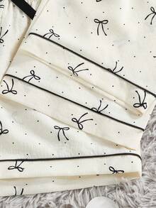 Conjunto de pijama de 3 piezas con top de manga corta con bolsillo y estampado de mariposas y puntos, y pantalones/shorts casuales y sueltos para mujer, primavera/verano - Beis - Ver 6