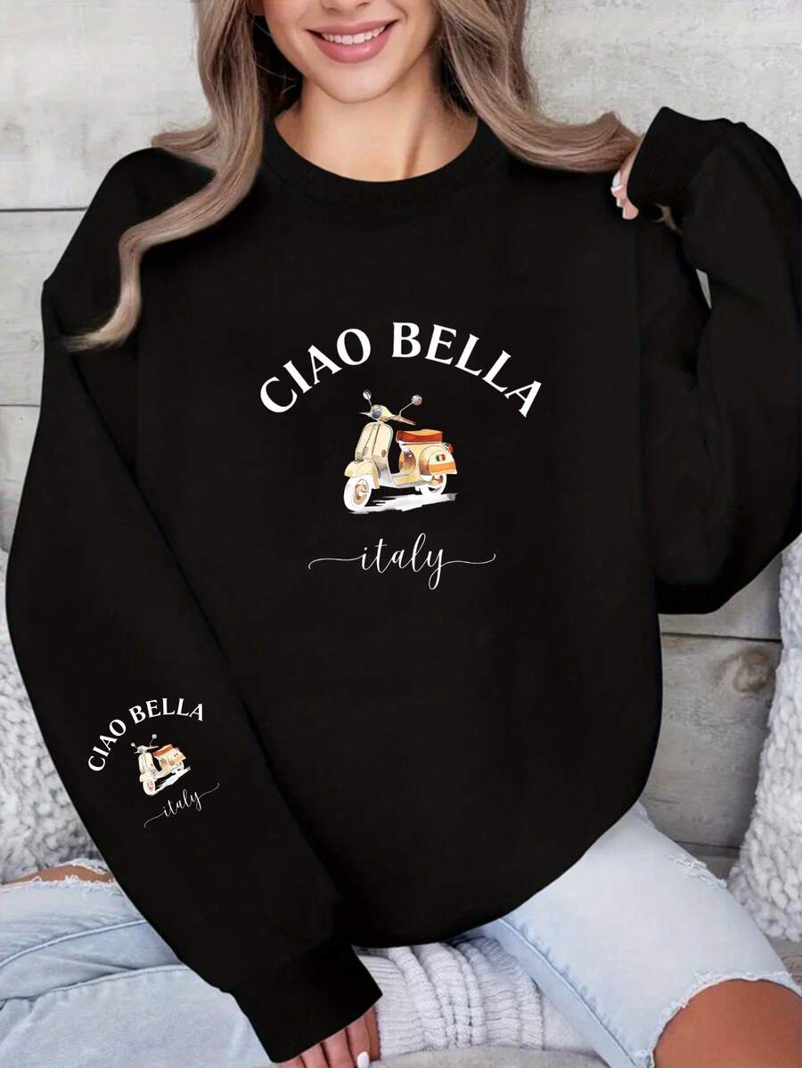 Women's Italian-Themed Italy Pattern Sweater - Black & White Italian Flag & Scooter Design, Soft Stretchy Polyester Pullover, Round Neck Long Sleeve Casual Sweater For Year-Round Wear, Machine Washable Italian Vacation Outfit - 黑色 - 查看 1