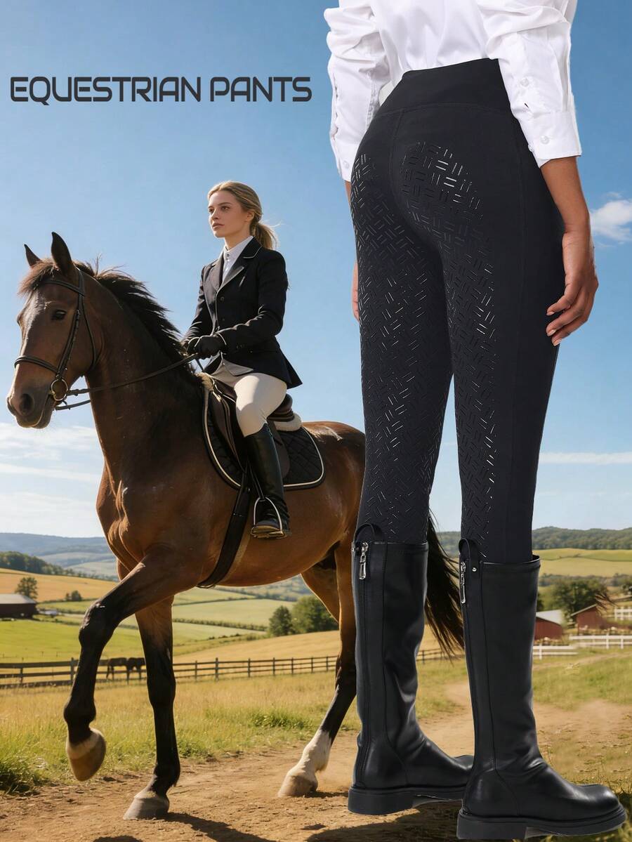 女士高腰紧身显瘦骑马裤，带口袋，紧身瑜伽马术服，高腰提臀修身骑马裤，硅胶防滑骑马裤，全座硅胶防滑速干骑马裤，耐磨，高弹透气，适合骑马、马术运动、户外活动、射箭、专业比赛、运动训练 - 黑色 - 查看 1