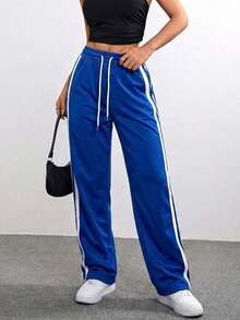 Women's Casual Polyester Jogger Pants With Colorblock Striped Pattern Long Length And Pockets - 藍白色 - 查看 1
