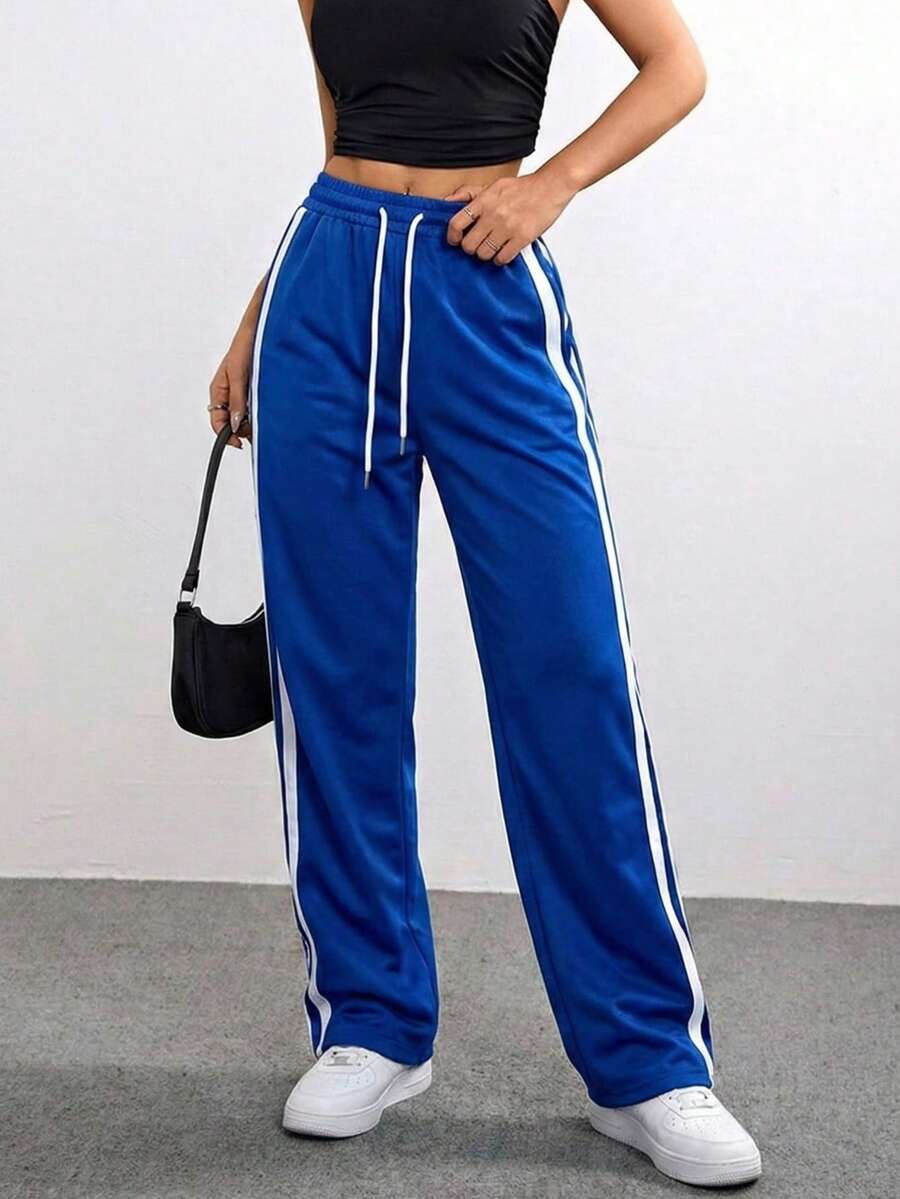 Women's Casual Polyester Jogger Pants With Colorblock Striped Pattern Long Length And Pockets - 藍白色 - 查看 1