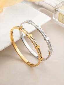 1 pieza Brazalete abierto con espaciador de circonita estrellado de lujo, brazalete minimalista de acero de titanio a la moda - Joyería elegante para mujeres, adecuado para uso diario y de fiesta - Multicolor - Ver 1
