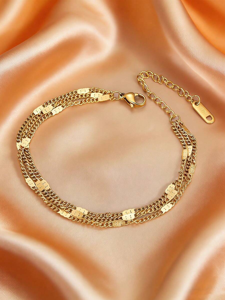 MONALLY 18K镀金三层不锈钢手链，女士可叠戴精致链条手链，防水饰品，日常佩戴时尚配饰，礼品之选 - 鏈條手鍊 - 查看 1