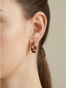 Vintage-Inspired Lightweight Hoop Earrings - Gold Metal With Deep Red Accents & Crystal Embellishments, Effortless Ear Clasp Design For Work & Weekend Wear - Red - View 2