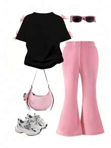 少女数字印花短袖上衣和喇叭裤套装 - 黑色 - 查看 2