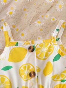 2pcs/Set Newborn Baby Girls' Printed Matching Solid Color Strap Dress Outfit, Suitable For Vacation And Travel - Yellow - View 3