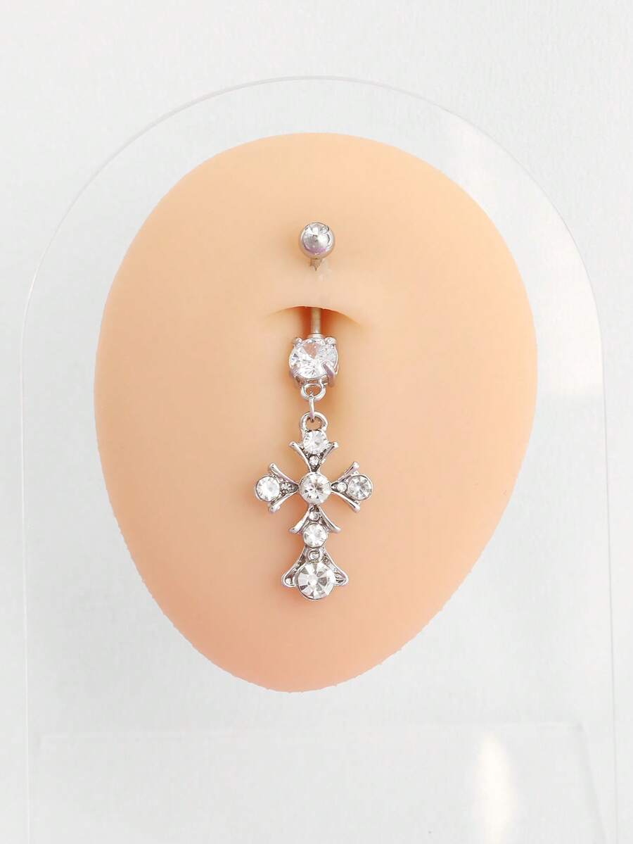 1pc Fashionable & Elegant Rhinestone Cross Navel Ring For Women - Multicolor - View 1