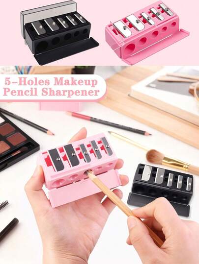 1 Set Pink & Black 5-In-1 Eyeliner & Eyebrow Pencil Makeup Brush Kit With Sharpener, Multifunctional Portable Pen Holder, Cosmetics, Affordable, Room Decor, Vanity, Travel, Bedroom, Makeup Accessories, Gift, Women Gift, Valentine's Day Gift