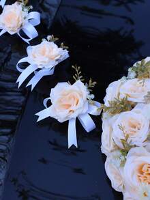 婚车后视镜、门把手、车头装饰花、人造玫瑰花、婚礼节日装饰花束、婚车鲜花 - 香檳色 - 查看 8