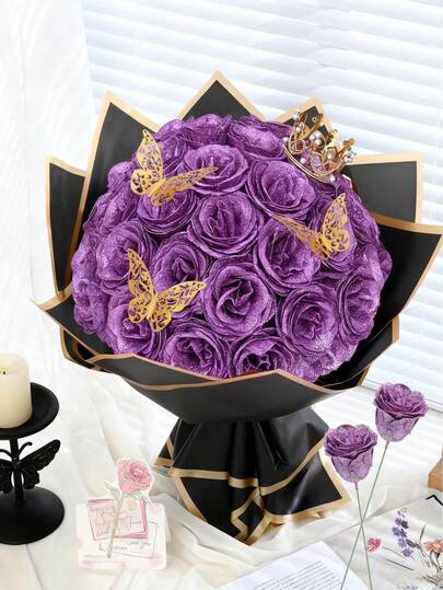 MEHELANY 12/6 piezas/paquete Ramo de rosas con purpurina de 2.76in/7cm, ramo de flores artificiales con purpurina DIY, rosas de plástico moradas falsas, ramo de rosas artificiales brillantes y eternas, adecuado para aniversario, compromiso, regalo de boda, decoración del hogar, decoración de oficina y cocina, decoración de fiesta, decoración de habitación, Día de San Valentín, Día de la Madre, regalo de cumpleaños para novia, mamá, damas (con papel de regalo) (es normal que se desprenda algo de purpurina)